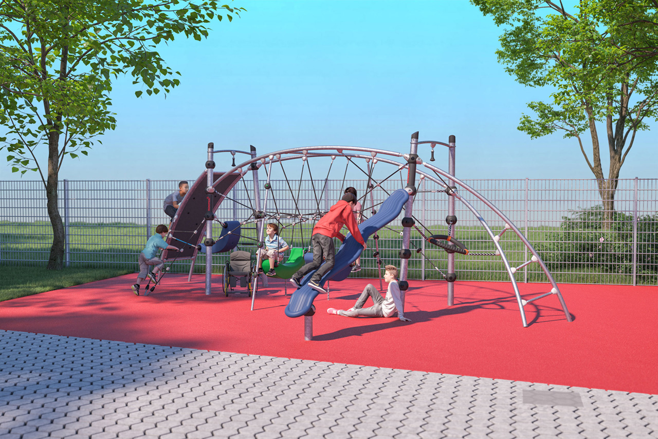 Spendenprojekt Spielplatz für die Heilpädagogische Tagesstätte im Olschewskibogen Architektursimulation eines Spielplatzes mit spielenden Kindern