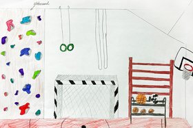 Entwurf einer Schülerin Gemalter Innenraum der Sporthalle