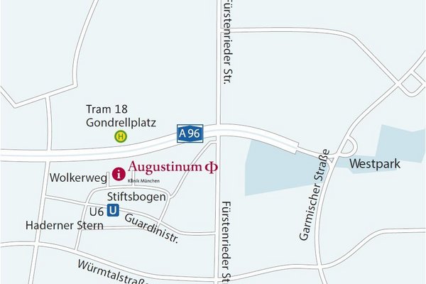 Ausschnitt aus einem Stadtplan mit der Umgebung der Augustinum Klinik