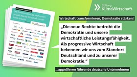 Augustinum Unternehmensappell KlimaWirtschaft Der Unternehmensappell der Stiftung KlimaWirtschaft: "Wirtschaft transformieren, Demokratie stärken! Die neue Rechte bedroht die Demokratie und unsere wirtschaftliche Leistungsfähigkeit. Als progressive Wirtschaft bekennen wir uns zum Standort Deutschland und zu unserer Demokratie.