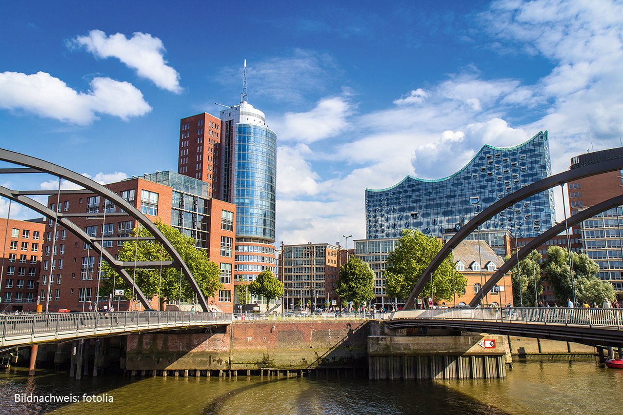 Die Hamburger Innenstadt mit ihrem Großstadtflair und unzähligen Freizeitangeboten ist nur eine halbstündige S-Bahn-Fahrt vom Augustinum entfernt. Skyline Hamburg mit Elbphilharmonie von der Speicherstadt aus
