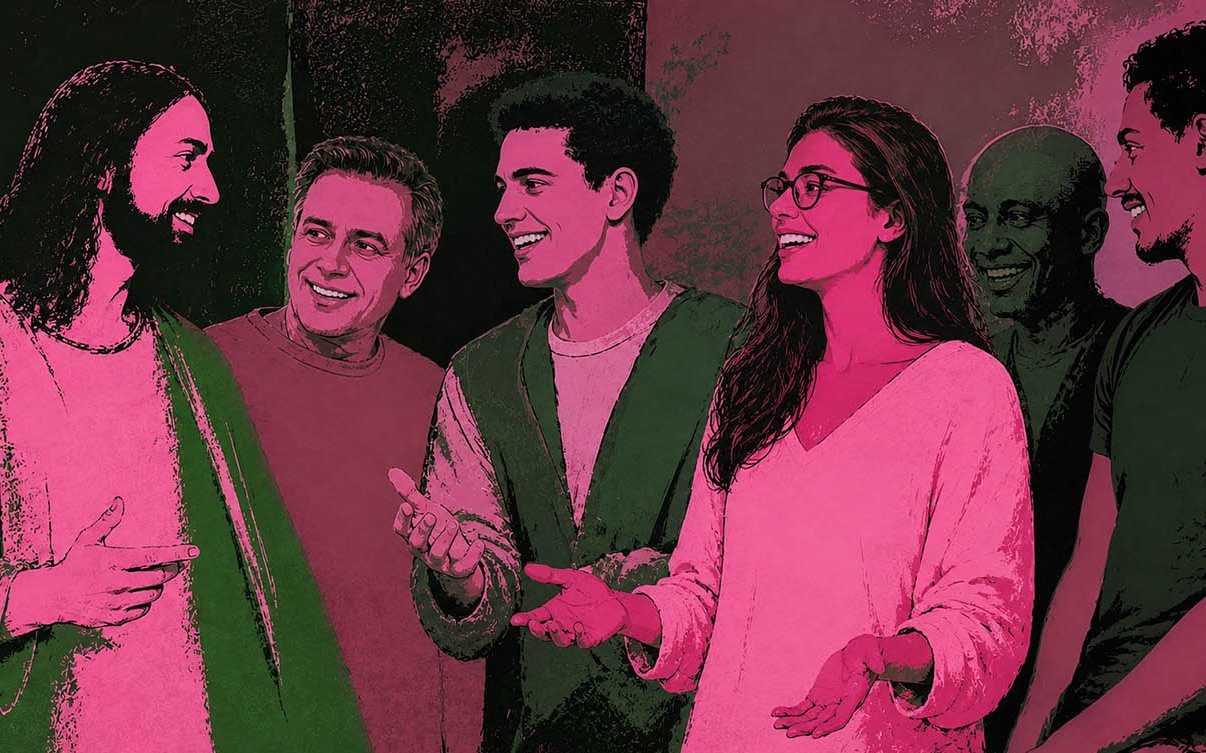 Illustration einer heiteren Frau zwischen lauter Männern