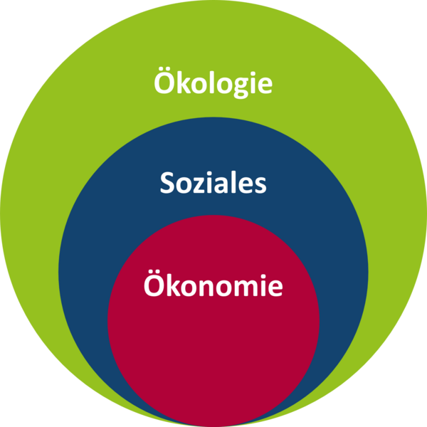 Augustinum Nachhaltigkeit Schaubild Drei ineinander liegende Kreise zeigen den sog. "Nested Circle". Der äußerste Kreis stellt die Ökologie dar, also die Umwelt. Er schließt dabei auf zweiter Ebene das Soziale, also die Menschen, sowie auf dritter Ebene die Ökonomie ein.