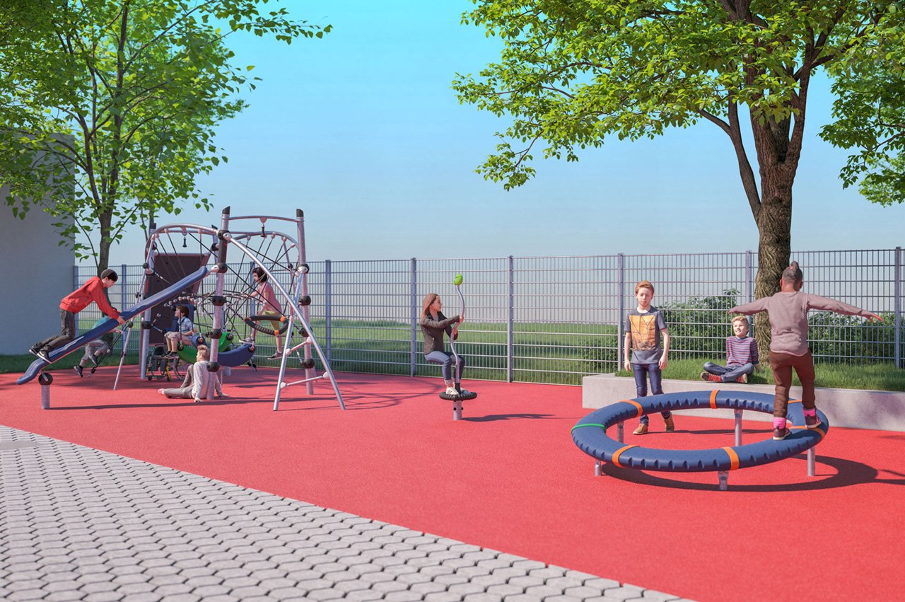 Spendenprojekt Spielplatz für die Heilpädagogische Tagesstätte im Olschewskibogen Architektursimulation eines Spielplatzes mit spielenden Kindern