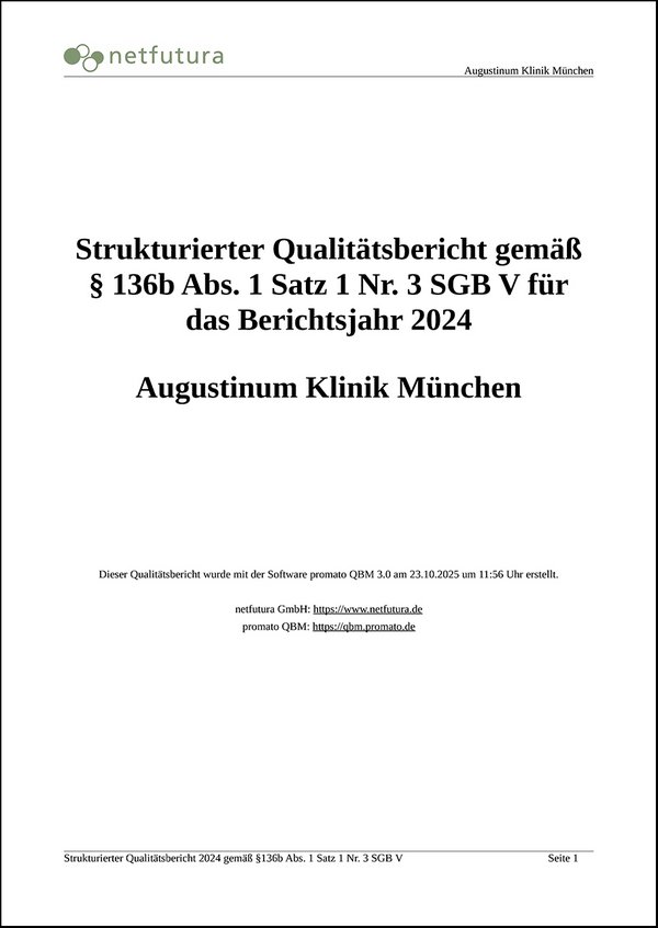 Titelblatt des Qualitätsberichts der Augustinum Klinik München für das Berichtsjahr 2024