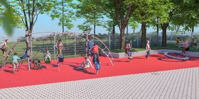 Spendenprojekt Spielplatz für die Heilpädagogische Tagesstätte im Olschewskibogen Architektursimulation eines Spielplatzes mit spielenden Kindern