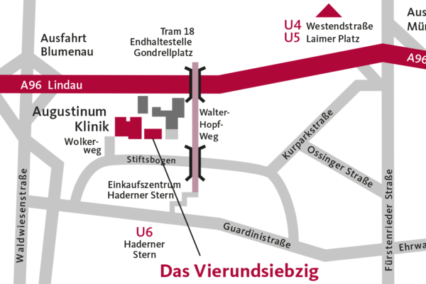 Anfahrtsbeschreibung Vierundsiebzig Das Vierundsiebzig und die Augustinum Klinik auf einer Karte im Sinne einer Anfahrtsbeschreibung