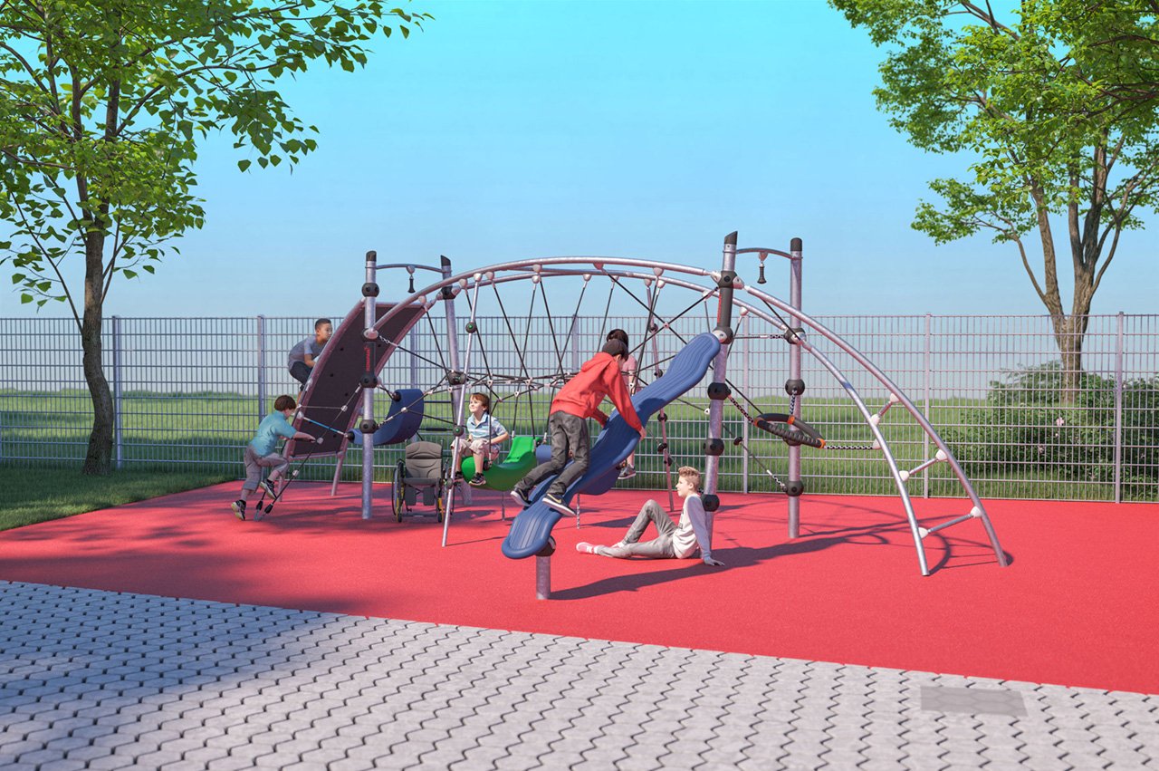 Spendenprojekt Spielplatz für die Heilpädagogische Tagesstätte im Olschewskibogen Architektursimulation eines Spielplatzes mit spielenden Kindern
