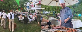 Augustinum Magazin Sommerfest Heidelberg Zwei Einblicke in das Sommerfest: Zum einen Senior*innen, die an Tischen vor der Seniorenresidenz Heidelberg sitzen, während die Band spielt und zum anderen ein Mann, der am Grill steht