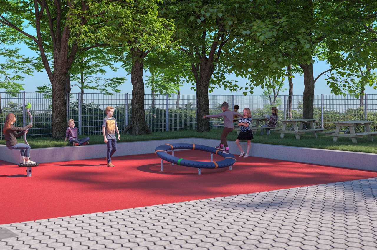 Spendenprojekt Spielplatz für die Heilpädagogische Tagesstätte im Olschewskibogen Architektursimulation eines Spielplatzes mit spielenden Kindern