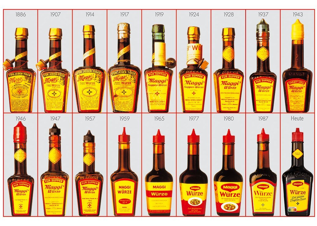 Wandel des Designs von Maggi-Flaschen in einer Reihendarstellung