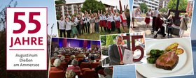 Augustinum Magazin 55 Jahre Dießen am Ammersee Foto-Collage zum 55-jährigen Jubiläum des Augustinum Dießen am Ammersee. Darauf sind beispielsweise das Augustinum Team, Besucher*innen bei einem Sektempfang und in einem Theatersaal zu sehen.