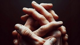 KI-generiertes Bild verschränkter Hände mit zu vielen Fingern