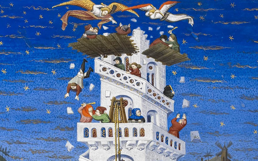 Turmbau zu Babel, Detail aus dem Bedford-Stundenbuch, Anfang 16. Jahrhundert
